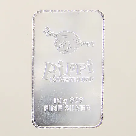 Silvertacka Pippi Långstrump Astrid Lindgren 30x18mm skadat plastetui silver 999/1000 Vikt: 10 g