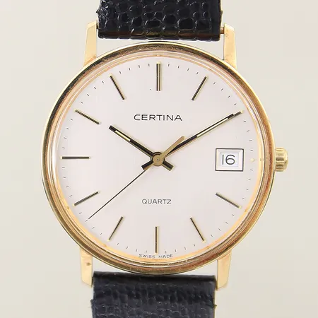 Herrur Certina 14K quartz numrerad: 115.919965 Ø34mm, datum, läderband ej original med slitage, boett med repor, gravyr, inga tillbehör 