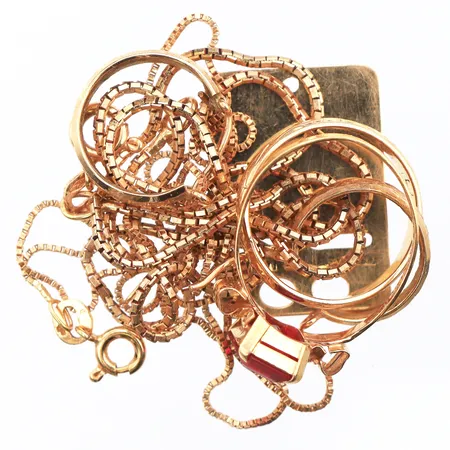 Diverse guld med slitage och defekter,sten,18k. Vikt: 14,9 g
