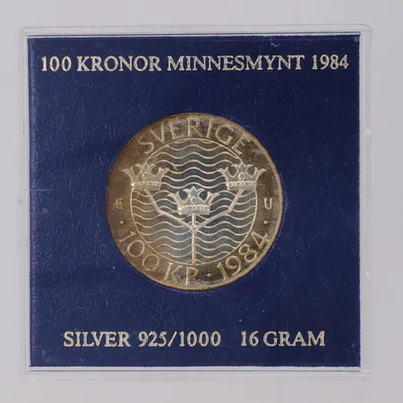 Minnesmynt 100KR Europa Förtroende Säkerhet Nedrustning Stockholm Sverige år 1984, Ø32mm, plastetui 925/1000 silver Vikt: 16 g