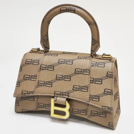 Väska Balenciaga BB Monogram Hourglass Top Handle Bag XS, beslag i gulmetall, mått 19x12x8cm, avtagbar axelrem, färgbortfall på beslag, mindre fläckar, dustbag. 