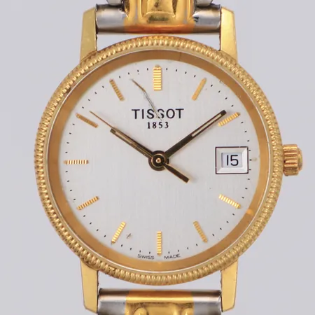 Damur Tissot, Ø24,2mm, quartz, datum, gravyr, repa på urtavla,  batteribyte krävs,18K stållänk