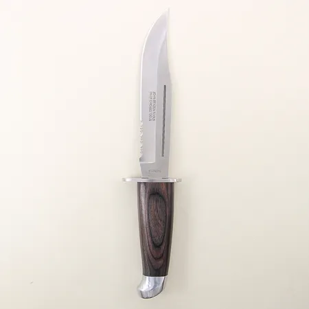 Kniv John Benzen Chicago USA stålblad träskaft längd 25cm läderfodral