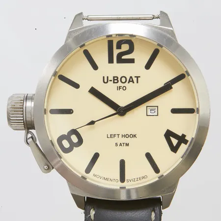 Herrur U-boat IFO Left Hook stål quartz 52mm, boettnr B53-08, datum, läderarmband, viklås, repa på glas, defekt armband, inga andra tillbehör. 