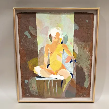 Tavla litografi "Sittande Kvinna" Ulf Gripenholm mått ca 49x42cm, signerad, numrerad 98/150, ram med stötmärken, ej inglasad Skickas med postpaket.