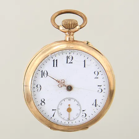 Fickur Ø34mm defekt innerboett i metall saknar minutvisare 14K bruttovikt: 29,0g