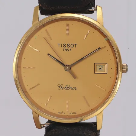 Herrur Tissot Goldrun, Ø33,4mm, gravyr, läderarmband med slitage, 18K