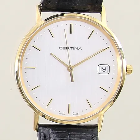 Herrur Certina 18K quartz ref-nr: 158.9289.68.11, Ø33mm, safirglas, datum, läderband original, gravyr, certifikat från 2024, manual, box