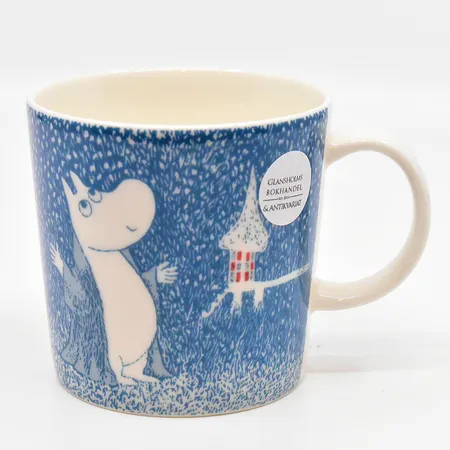 Mugg Mumin Lätt snöfall år 2018 8cm höjd 8cm Arabia etikettmärkt