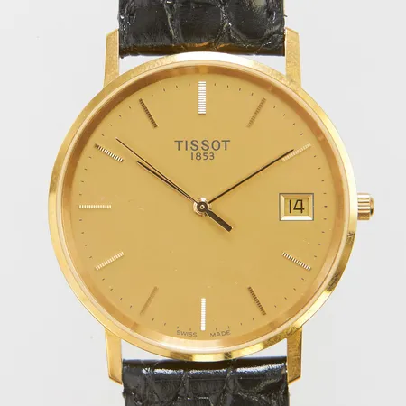 Damur, Tissot, quartz, datum, boett i 18K, läder band, etui, bruttovikt 29,5g.