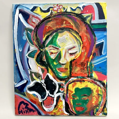 Tavla, akryl med collageapplikation på duk, 46x38cm, Sven-Arne "Höken", Hökenström (1947-2025), figurkomposition med Marilyn Monroe, litet hål på applikation Skickas med postpaket.