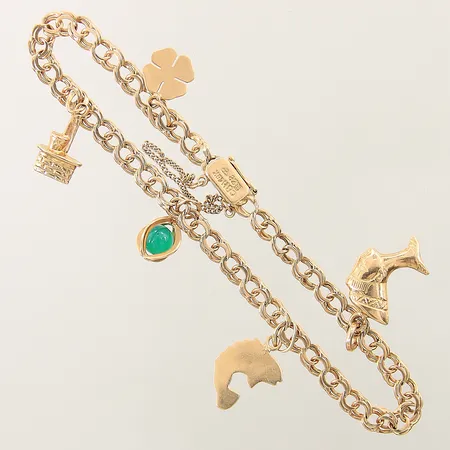 Armband Bismarck med 5st berlocker samt säkerhetskedja, längd ca 18,5cm bredd 3,7-2,8mm 18K   Vikt: 8,6 g