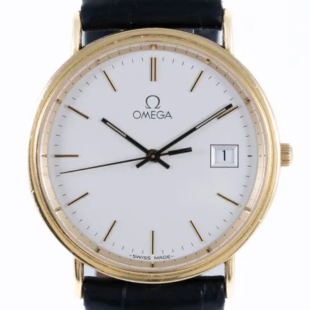 Herrur Omega guld 18K quartz 32,5mm, safirglas, datum, svart läderband längd XL, företagsgravyr. 