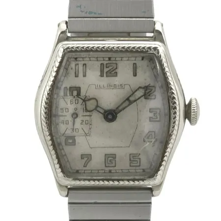Art Deco herrur Illinios Watch Special Model B, stål/14K goldfilled, manuell, serinummer 5207755, bakboett graverad med namn, universallänk i stål, spricka i glaset,