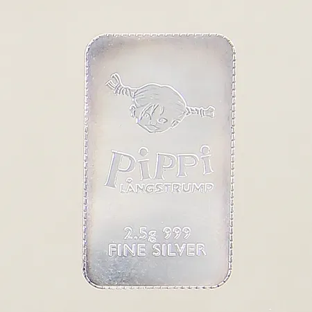 Silvertacka Pippi Långstrump 75 år 24x13mm plastetui silver 999/1000 Vikt: 2,5 g