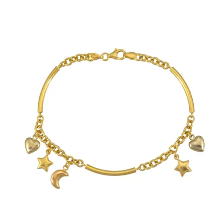 Armband med fem berlocker i 18K guld, Guldfynd (GHA), längd 19,0 cm, bredd 2,5 - 4 mm, berlocker med varierande mått, fint skick Vikt: 6,5 g