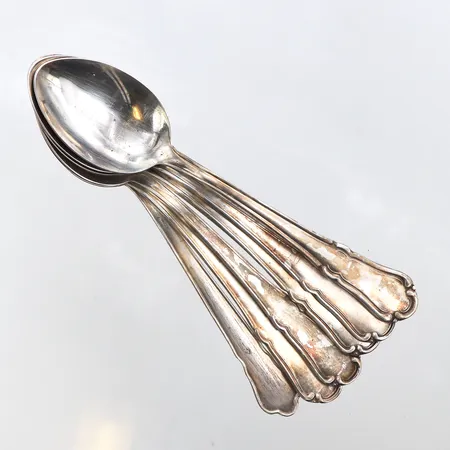 Sex kaffeskedar, längd:12,5cm, modell: Disa, 830/1000 silver. Vikt: 99,3 g