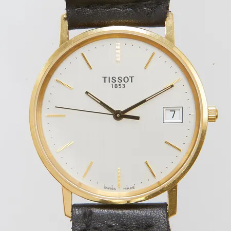 Herrur Tissot 18K quartz 33,5mm, datum, svart läderarmband slitage, gravyr, bruttovikt: 33,6g