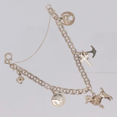 Armband, Bismarck med fem berlocker, ca 16cm, säkerhetskedja, 835/1000 silver Vikt: 14,5 g