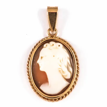 Kaméhänge 18x33mm, nött kamédam, limrester, sliten spetsögla, 18K 3,5g. 