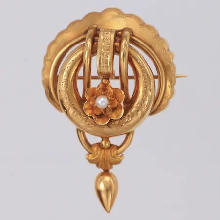 Brosch med pärla, längd 53mm, år 1884, 18K Vikt: 7 g