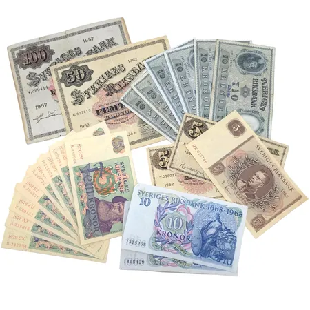 Sedlar Sverige totalt 285 Kronor, bl.a. 100 kronor 1957, 50 kronor 1962, 5 kronor 1944 & 1952, varierat skick