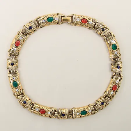 Smyckeset collier halvstel med färgade stenar längd 43cm bredd 14,3mm örhängen med färgade stenar 27x14mm clips gulmetall etui