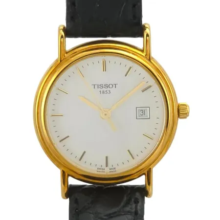Damur Tissot, 18K guld, Ø27 mm, quartz - behov av nytt batteri, gravyr "För nit och redlighet...", original skinnband och spänne, några torrsprickor i skinnbandet, i övrigt i mycket fint skick, Vikt: 0 g