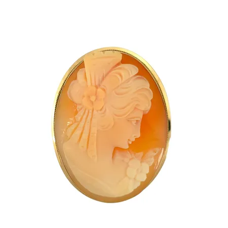 Hänge/Brosch med Camé, 18K guld, längd exkl. ögla 38 mm, bredd 29 mm, fint skick, bruttovikt 7,9 gram Vikt: 7,9 g