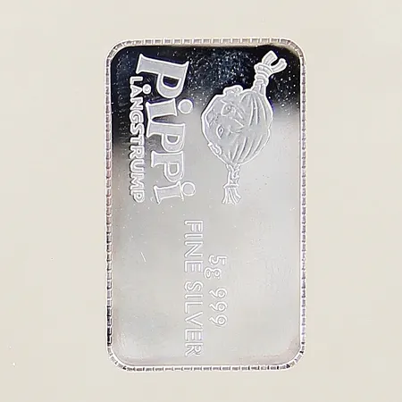 Silvertacka Pippi Långstrump 75 år 24x15mm plastetui med slitage silver 999/1000 Vikt: 5 g