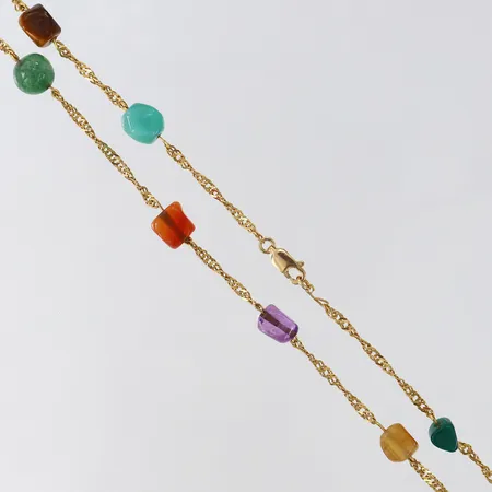 Collier med färgade stenar längd 51,5cm bredd 2-8mm, utbytt lås 18K skadad bindögla, 22K.  Vikt: 12,5 g