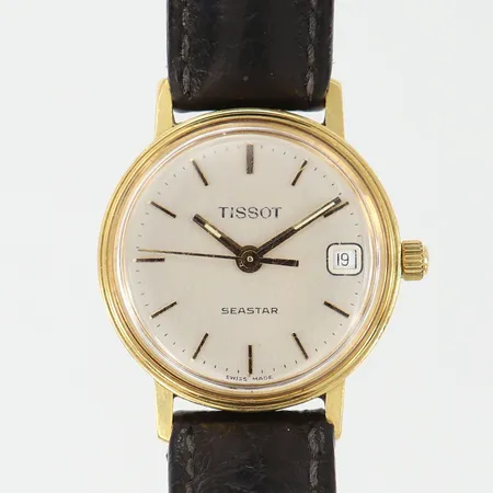 Damur Tissot Seastar 18K quartz Ø21,5mm datum läderband, defekt glas, går ej 18K bruttovikt: 14,5g 