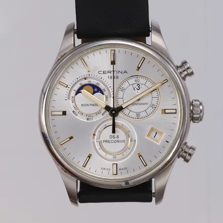 Herrur Certina DS-8 Precidrive Ø42mm quartz, ref-nr: CO33450 A, serie-nr L9C XXO TOX, kronograf, månfas, datum, läderarmband ej original, viklås, inga tillbehör