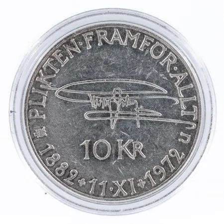 Minnesmynt 10Kr Gustaf VI Adolf Plikten Framför Allt 1882-1972 Ø32mm, plastetui, silver 830/1000 18,2g. 