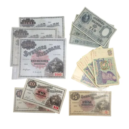 Sedlar Sverige totalt 375 Kronor, bl.a. 100 kronor 1961, 1962 och 1963, 10 kronor 1937 & 1938 (fin kvalitet), varierat skick 