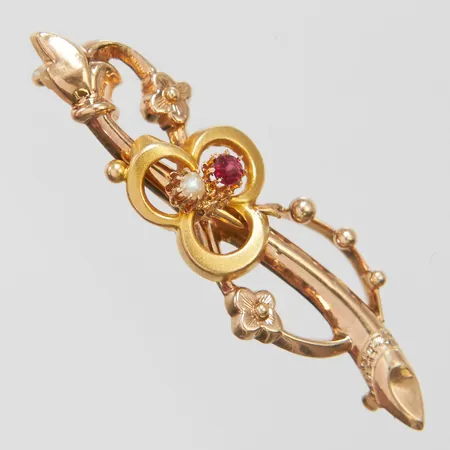 Brosch med halvpärla samt rött glas, defekt, 14K Vikt: 1,4g Vikt: 1,4 g