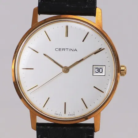 Herrur Certina 18K Ø34mm quartz, ref.nr: EOL 115 9299 65, datum, original läderband, graverad, behov av batteribyte, box Vikt: 0 g