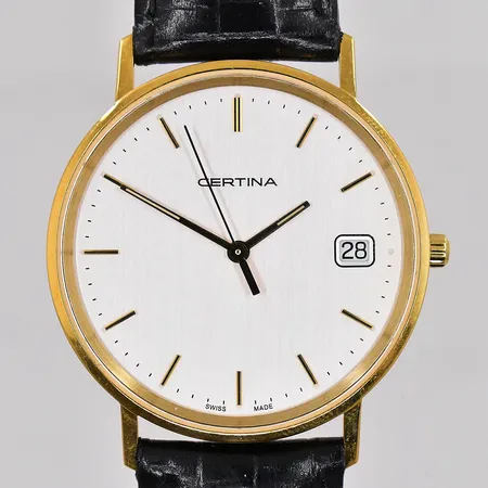 Herrur Certina 18K Ø33,5mm quartz läderband original, batteribyte krävs, gravyr box