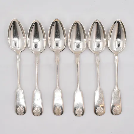 6 bordsskedar modell Snäck längd ca 17cm graverade schatull 813/1000 silver Vikt: 178,8 g