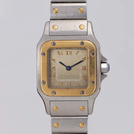 Damur Cartier Santos Galbeé 24x24 (35)mm stål/guld quartz, ref-nr 1567, serie-nr CC29771, innermått ca 16cm, certifikat år 1997 Heathrow, manual med tillhörande fodral, inga övriga tillbehör