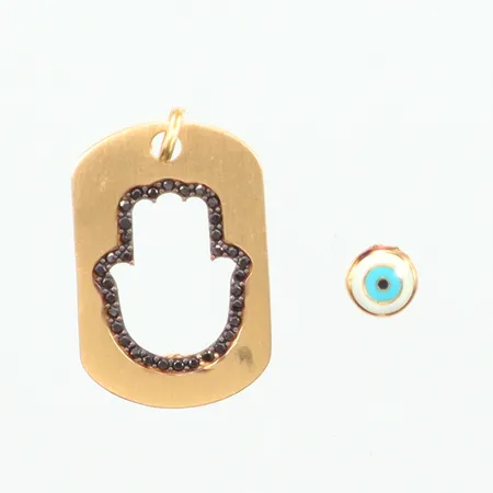 Hänge "onda ögat" längd 28mm, bredd 16,5mm, små svarta stenar, defekt trasigt, 18K Vikt: 3,7 g