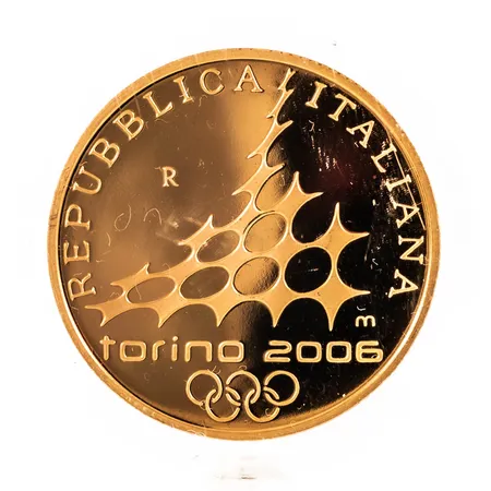 Minnesmynt REPUBLICA ITALIANA 50 EURO, XX GIOCHI OLIMPICI INVERNALI, Vinter OS Turin 2006. Ø 28 mm, Vikt: 16,1g 21,6K. Originalask och äkthetsintyg medföljer. 
