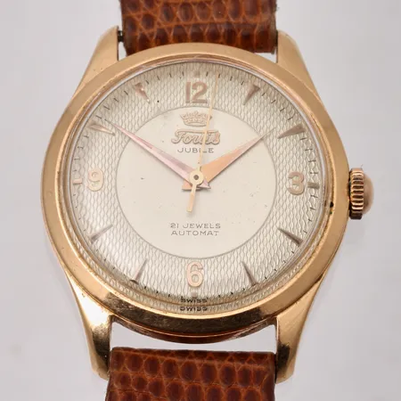 Herrur Fortis Jubile i 18K guld, Ø34,3mm, automat, 21 jewels, verk-nr 1361, boett-nr 413 113, läderband, boetten är märkt 5056 på utsidan.