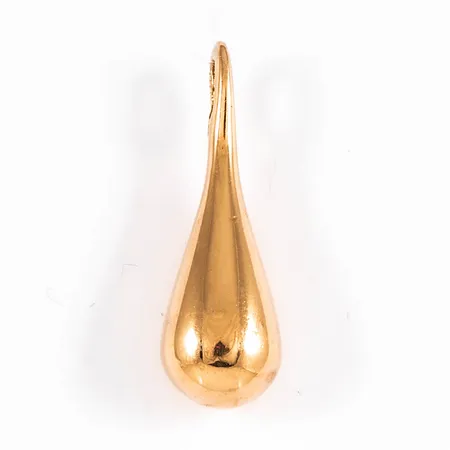 Hänge Droppe (massiv) i 18K guld. Den är 1,2 - 8,5 mm bred, 25,5 mm lång och väger 7,7g. Stämplad BEH (Bengt Hallberg Guldsmeds AB, Köping), 18K, kattfot.  