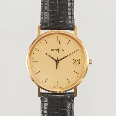 Herrur Certina 18K, 33,5cm, quartz, går ej/batteribyte krävs, gravyr, läderband, originalbox.