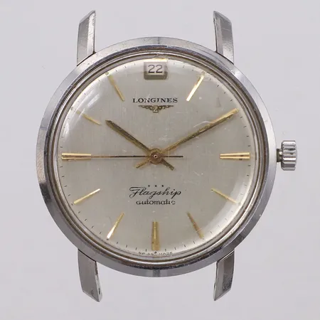 Herrur Longines Flagship, stål, 35mm, automatisk, datum (återställer ej korrekt), boettnr: 3108-4 457, cal. 341, verknummer: 12084848, plexiglas med repor, läderband medföljer (ej original), saknar sprinters, inga tillbehör