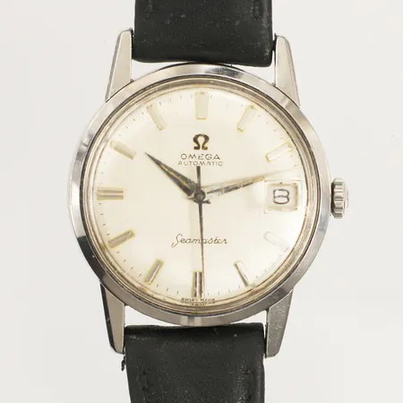 Omega Seamaster Automatic, 33,5mm, datum, stål, repigt glas/ boett, läderband, defekt band, defekt, går ej att skruva upp/ställa tid, inga tillbehör, 