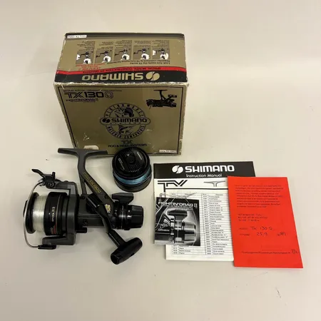 Fiskerulle, Shimano TX130Q, garantibevis daterat 25/9-89, extra lina, bruksslitage, box Skickas med paket.