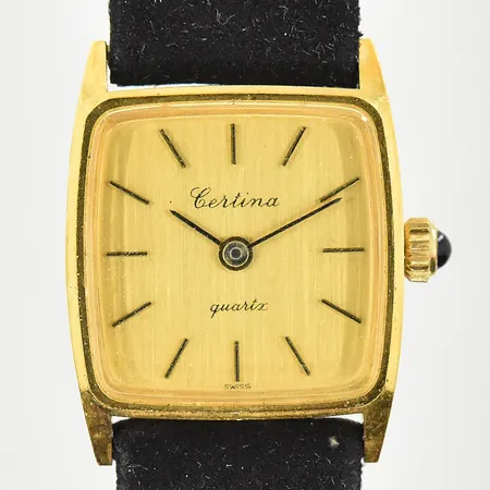 Damur Certina 18K, boett Ø19 mm, quartz, boettnr 717.3019.68, läderband, graverad bakboett, behov av batteribyte, bruttovikt 13,8g, inga tillbehör.