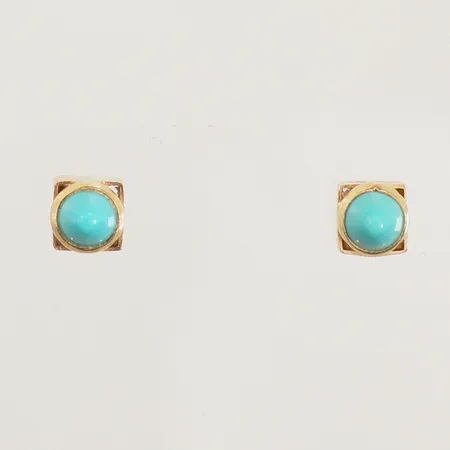 Ett par örhängen med turkosa stenar, bredd 4,5mm, en snurrebuss saknas, 18K  Vikt: 1 g